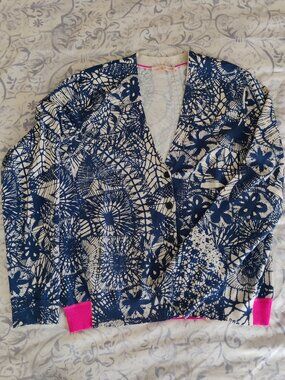 Tory Burch SZ-M Blue Baltic Sea Dream Catcher Textured Cotton Blend Cardigan